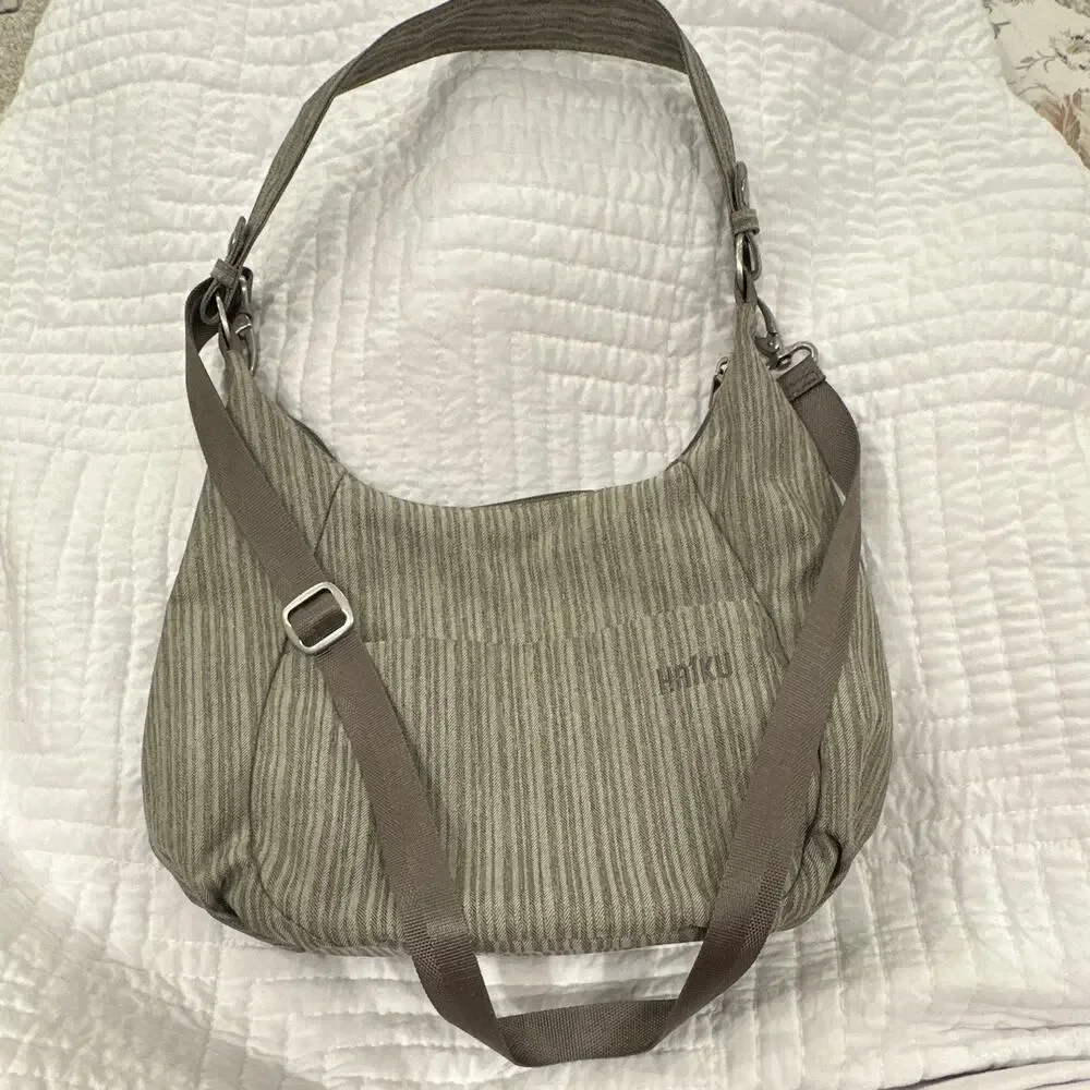 Haiku Gray Striped Shoulder Bag Adjustable Detachable Strap Pockets Zip